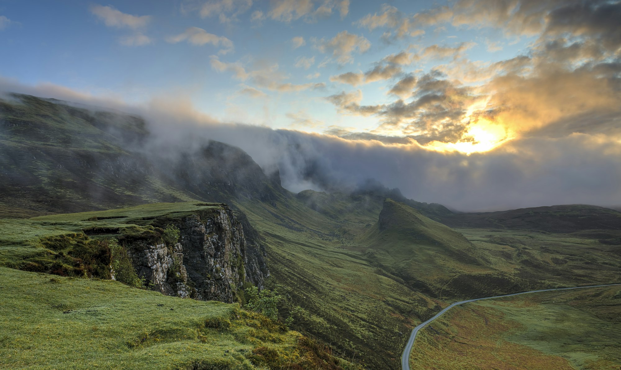 Misty Eden garden hills at dawn
